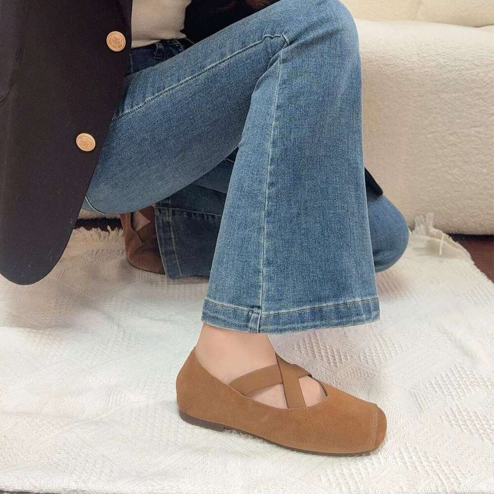 Genuine Leather Niche Suede Round Toe Cross Strap Flat Ballet for Women Spring and Autumn New Mary Jane Shoes