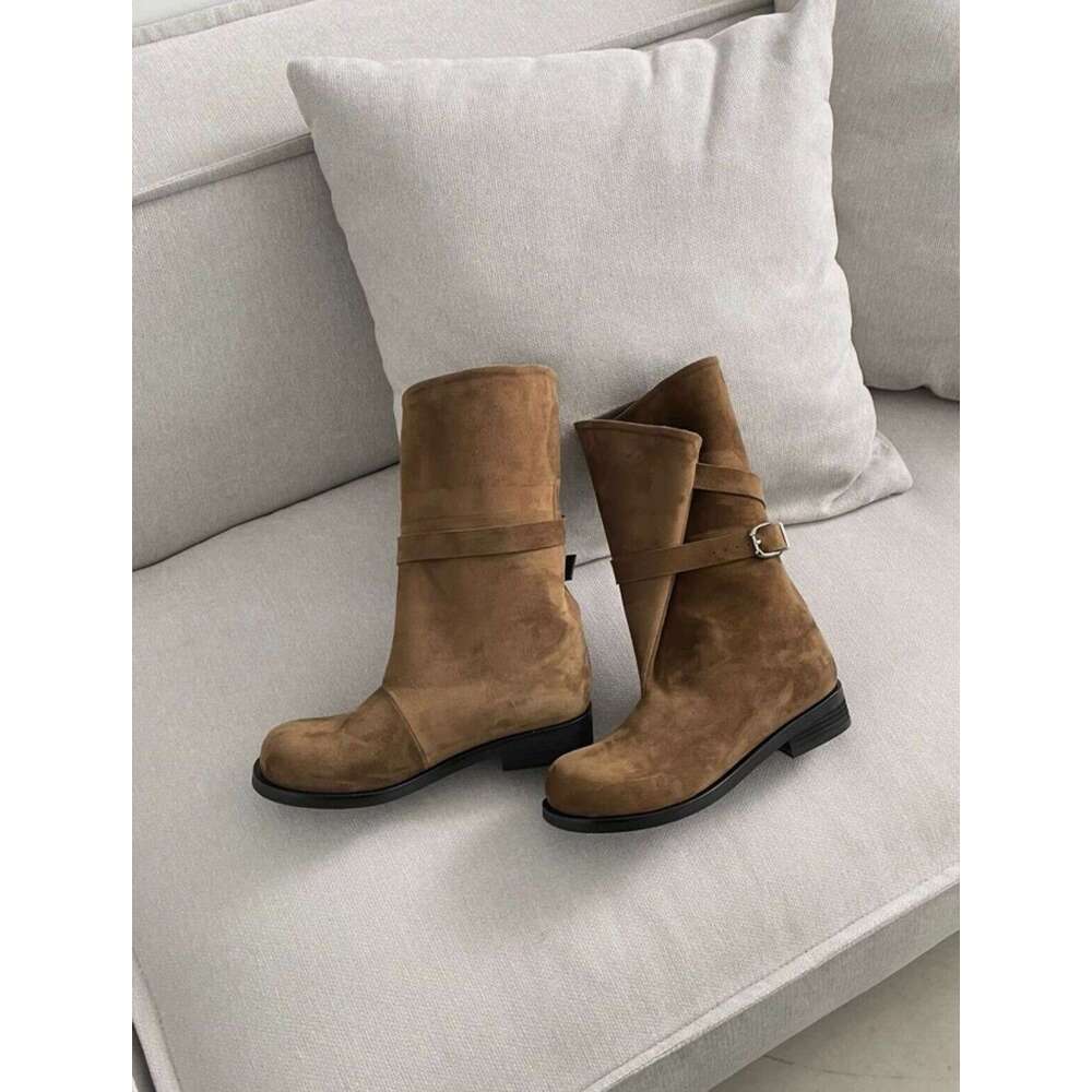 Korean Niche Foldable Wide Tube Mid-Calf Western Cowboy for Women Autumn Winter Thick Heel Round Toe Belt Buckle Martin Boots