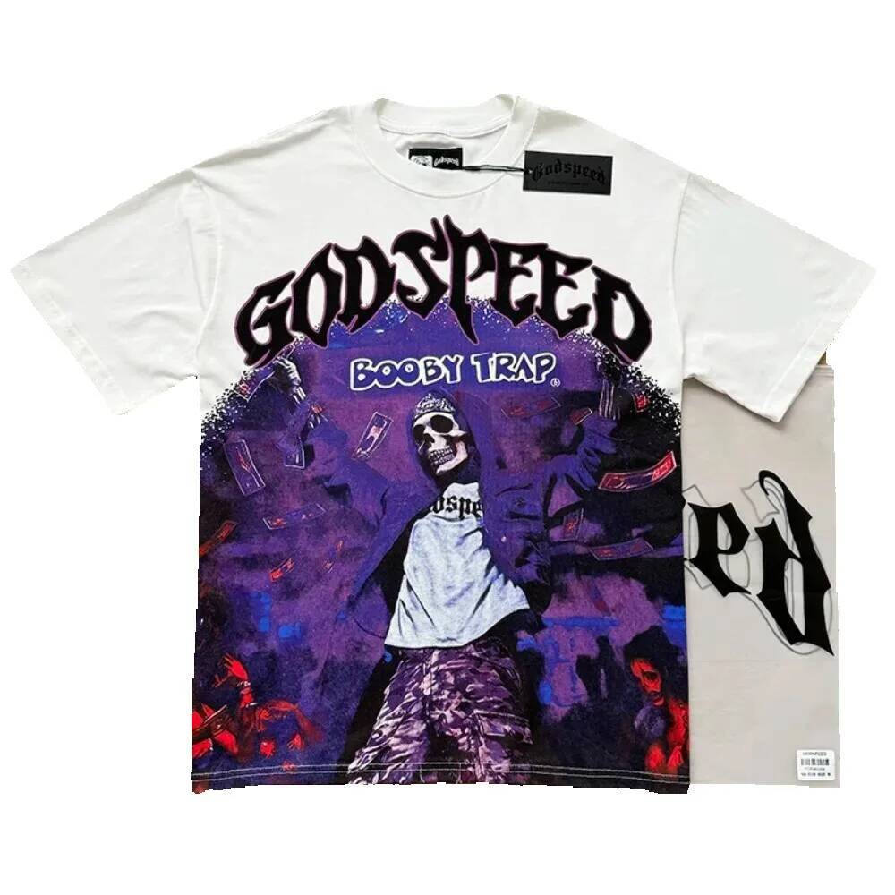 Summer Novelty, Godspeed American Fashion Street Rock Retro T-shirts, Short Sleeve T-shirts for Men and Women, Purple Skull Print GOD SPEED T-shirt