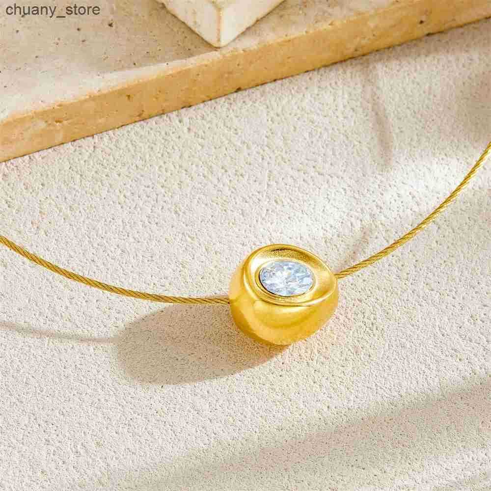 DIEYURO 316L Stainless Steel Golden Hollow Ellipse Zircon Pendant Wire Necklace For Women Classic Trend Neck Chain Holiday Gift z250530HBIE