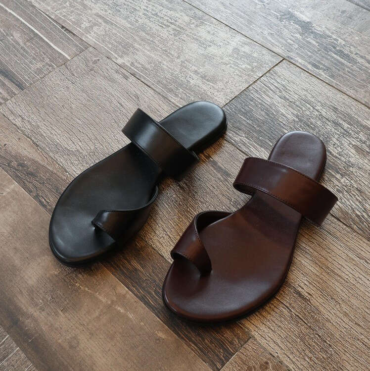 Genuine Leather Korean Style Simple Post for Women Outdoor Summer New Beach Flat Strap Toe Clip Sandals Half Slippers