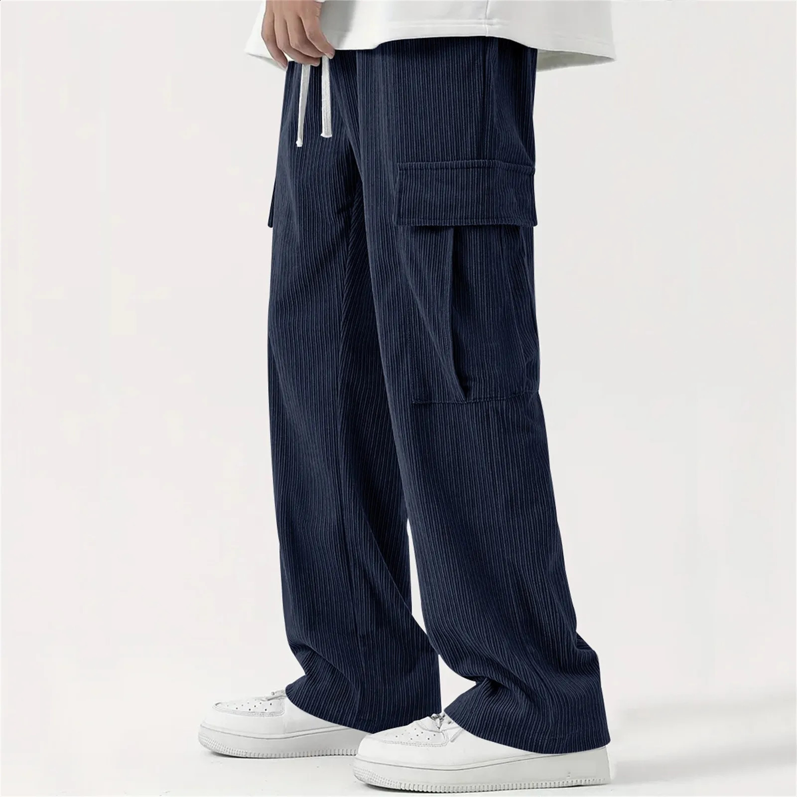 Mens Fashion Cargo Pants Corduroy Casual Workwear Straight Wide Leg Loose Versatile Elastic Waist Trousers With Drawsting 250527