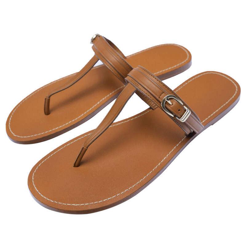 Genuine Leather Korean Style Post for Women, Summer New Beach Vacation Flat Open Toe Roman Sandals