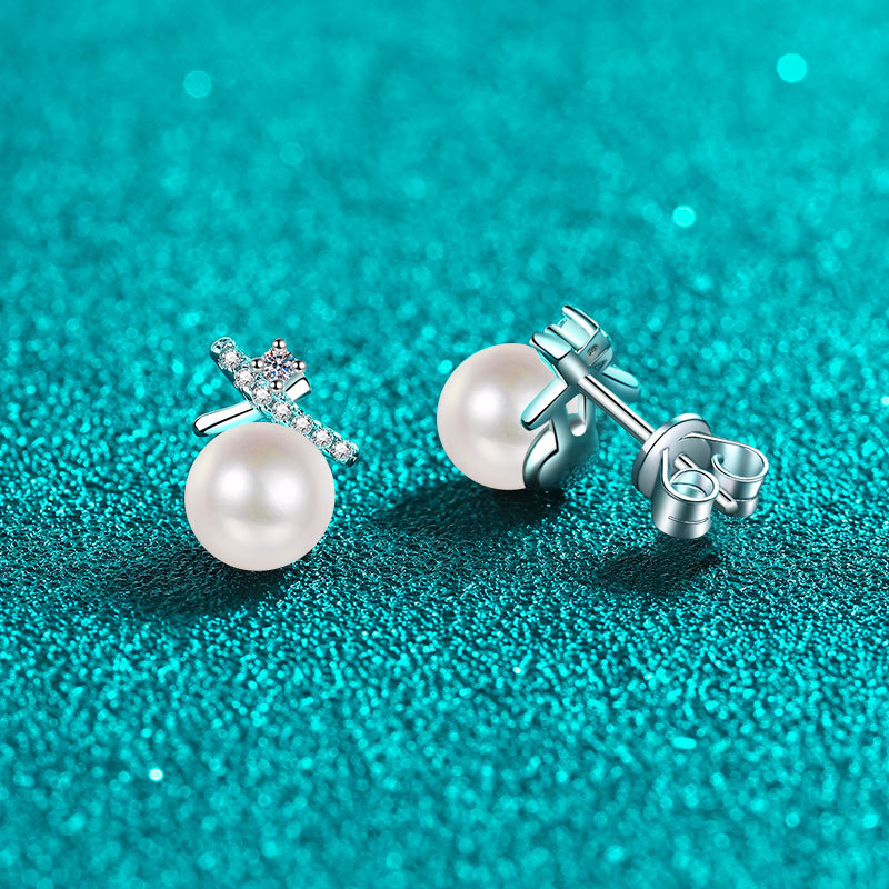 S925 Sterling Silver Women's Cross Design Minimalist Earrings, Moissanite Pearl Studs, Versatile Fashion New Arrival Jewelry