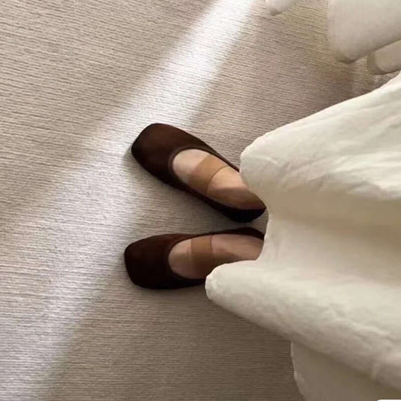 Genuine Leather Niche Suede Square Toe Shallow Comfortable Flat Ballet One-Strap Mary Jane Single Shoes for Women