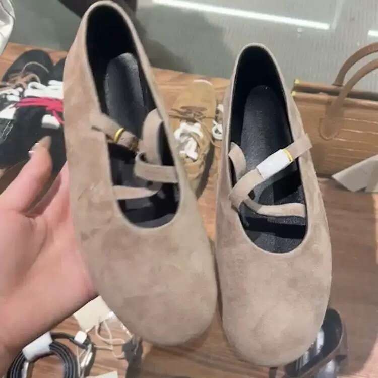 Genuine Leather Korean Style Cross Buckle Round Toe Shallow Mouth Mary Jane for Women 2025 New Spring Summer Versatile Flat Shoes