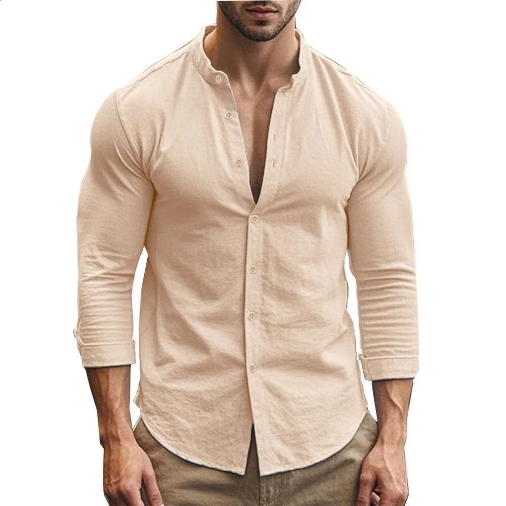 Mens Henry Shirts Cotton Linen Slim Fit Casual Hawaiian Solid Color Basic Style Spring Summer Breathable Mens Clothing 250528