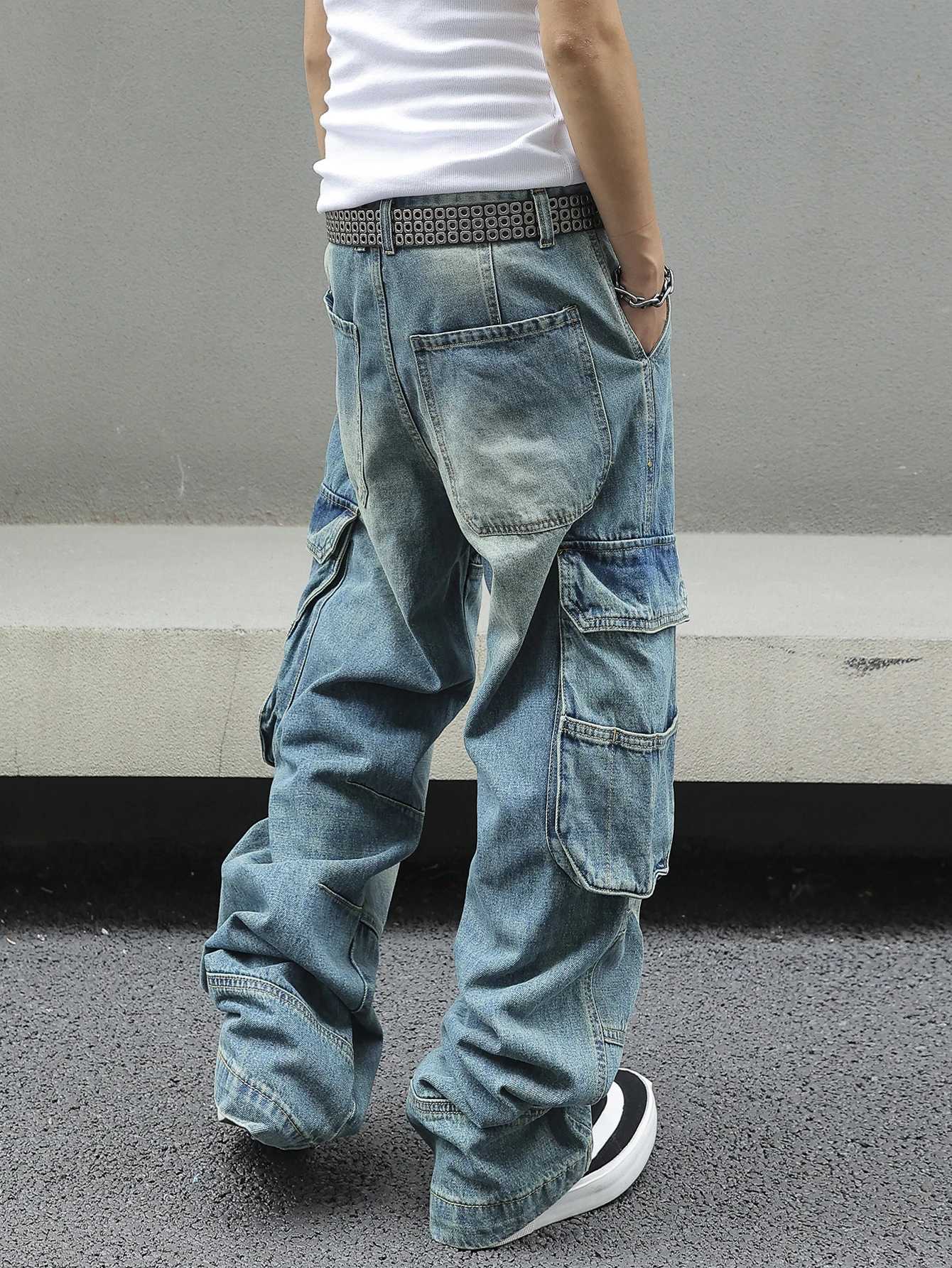 Mens Baggy Denim Cargo Pants Multi-Pocket Wide-Leg Jeans Vintage Washed Loose Fit Strtwear StyleC250528