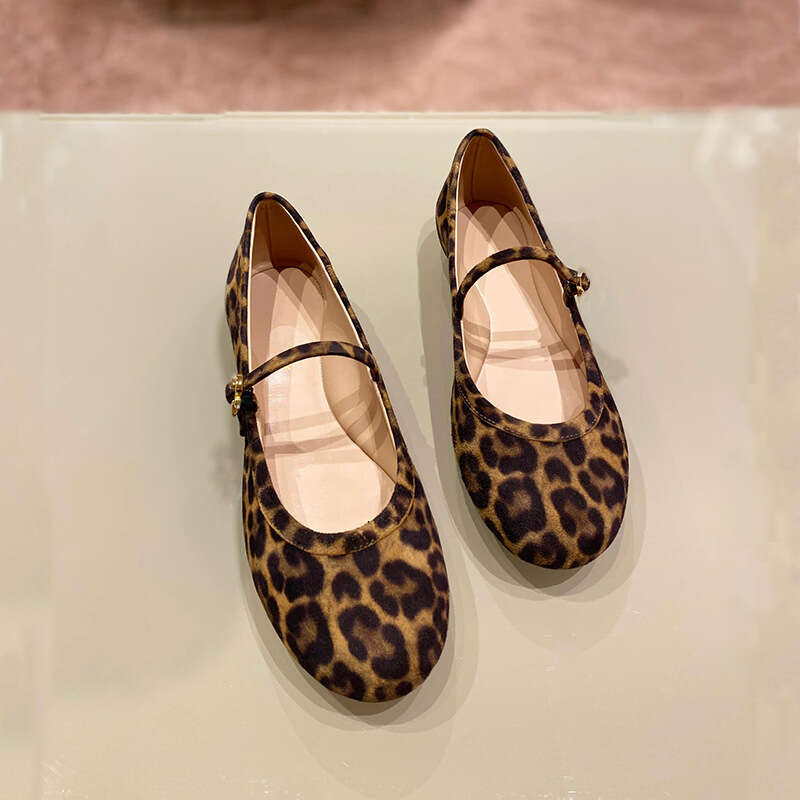Genuine Leather Shallow Mouth Round Toe One-Strap Mary Jane Leopard Print Single for Women Summer Autumn New Ballet Flat Shoes