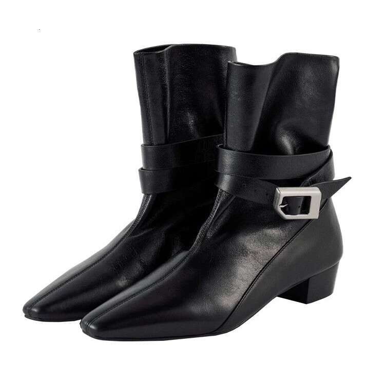 Korean Style Niche Design Square Toe Mid Chunky Heel Belt Buckle Short Slim Women 2024 Autumn Winter Martin Boots