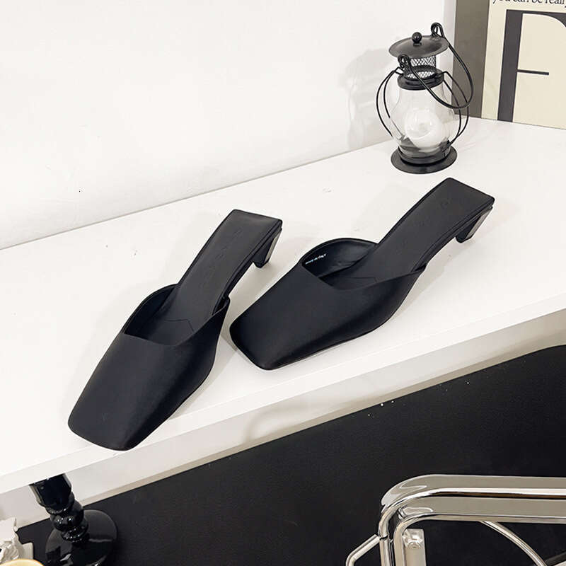 Genuine Leather Silk Square Toe High-End Sense Irregular Heel Mid-Heel Closed-Toe Half Slippers for Women Outdoor Summer Mules Sandals