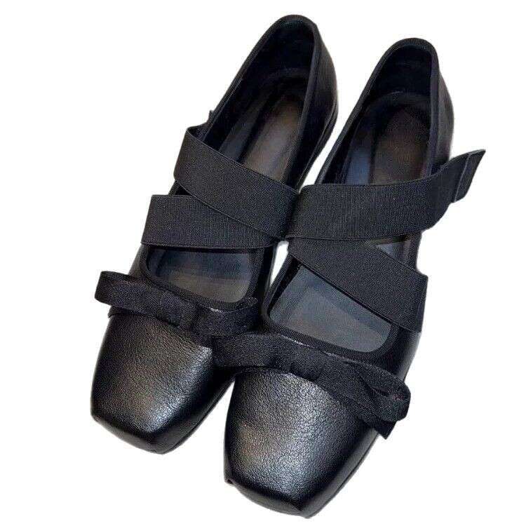 Genuine Leather Niche Bowknot Cross Velcro Low Heel Square Toe Ballet Shoes for Women 2025 Spring Mary Jane Flats