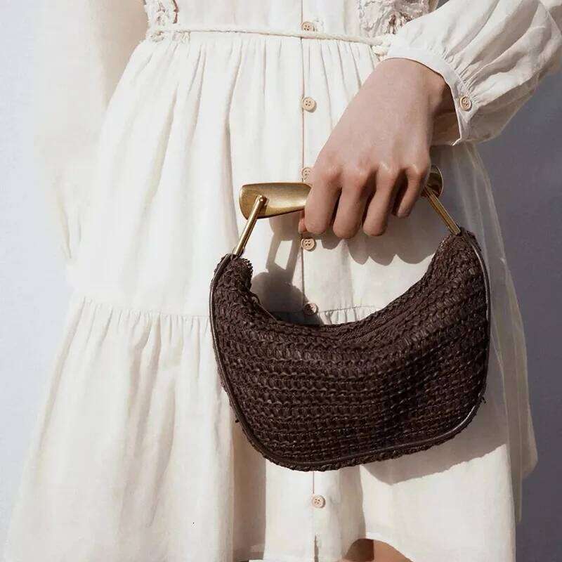 Women's Bags Designer Metallic Handle Handbag Half Moon Woven Beach For Women Summer Travel Straw Shoulder Crossbody Bags Designer Bag NEW