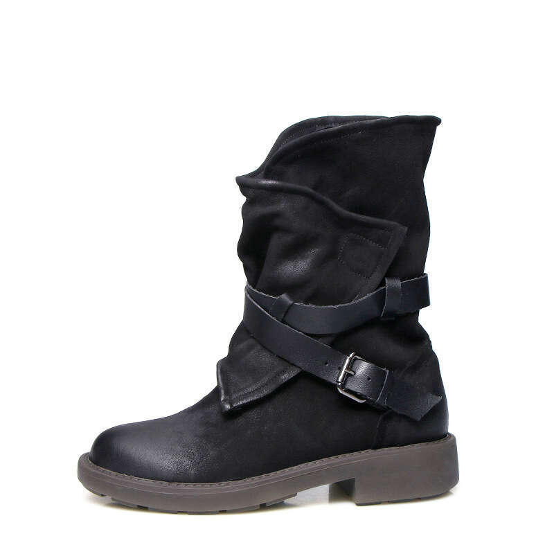 Genuine Leather Motorcycle for Women 2024 New Western Cowboy with Belt Buckle Mid-Calf Short Martin Boots