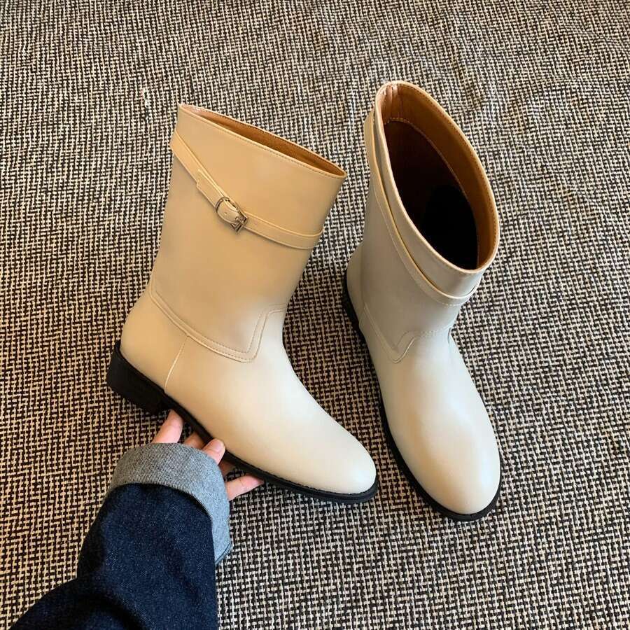Korean Style White Short for Women 2024 New Autumn Winter Wide Tube Round Toe Chunky Heel Western Cowboy Belt Buckle Martin Boots