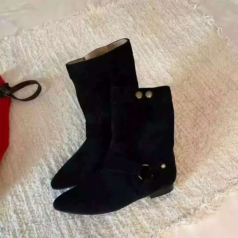 Korean Style Suede Niche Pointed Toe Buckle Flat Short for Women Autumn Winter Versatile Slim Western Cowboy Martin Boots