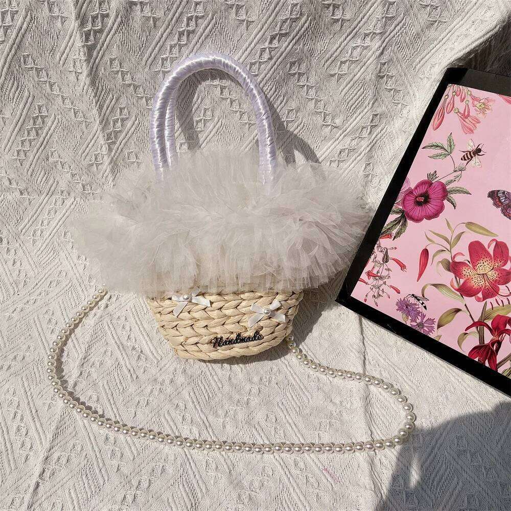 Women's Designer Fashion Fluffy Lace Straw Handbags Pearls Chain Shoulder Bohemian Lafite Basket Bags For Women Travel Beach Rattan Bag