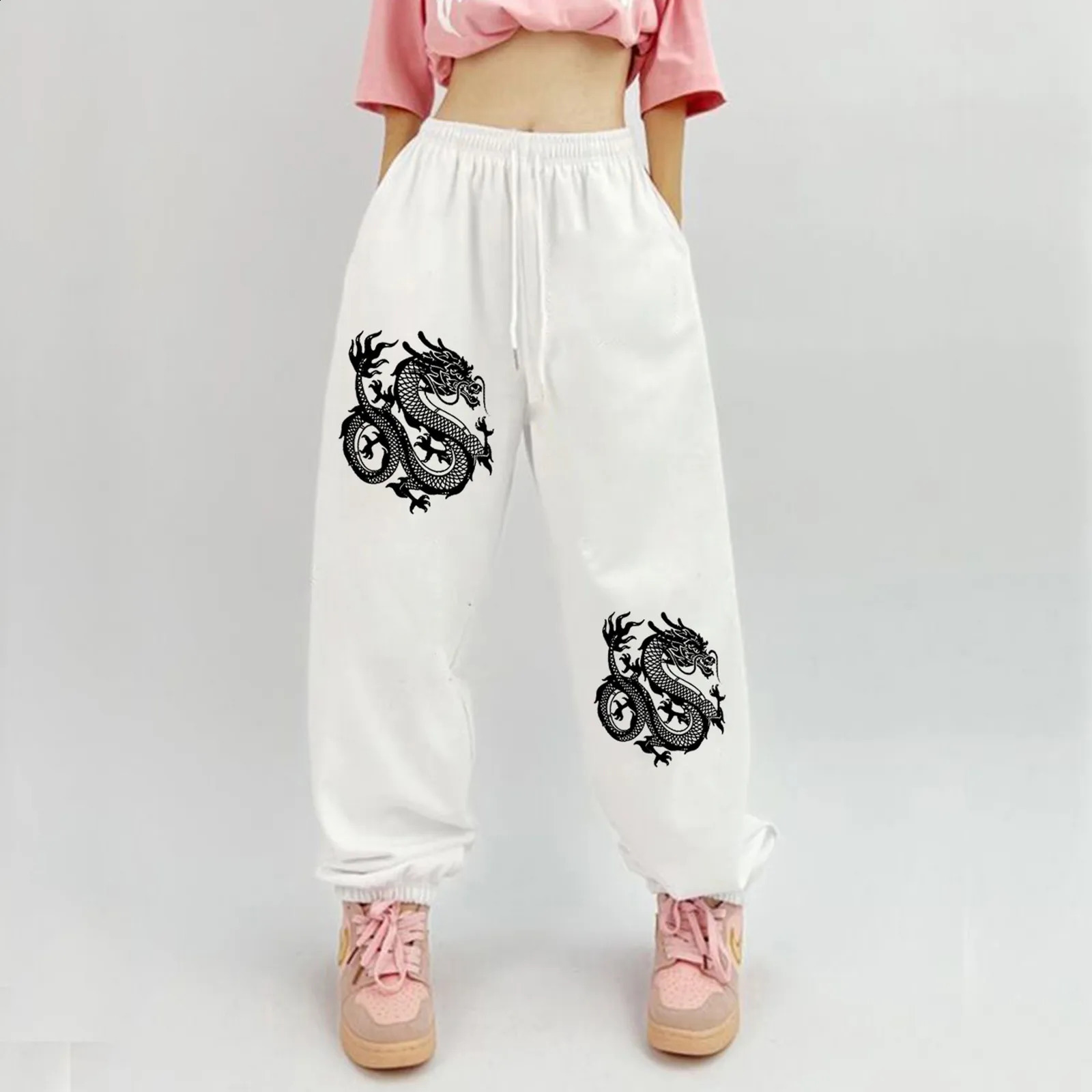 Women Loose Fit Elastic Drawstring Joggers Pants Dragon Print Baggy Trousers Running Yoga Gym Plus Sport Harem Pants Sweatpants 250529Z