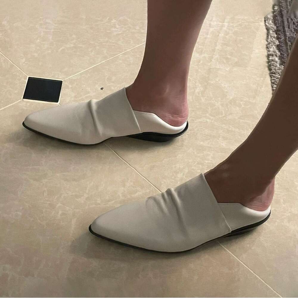 Korean Style Niche Genuine White Pointed Toe Deep Mouth Loafers for Women 2024 New Chunky Heel Small Leather Evening Single Shoes