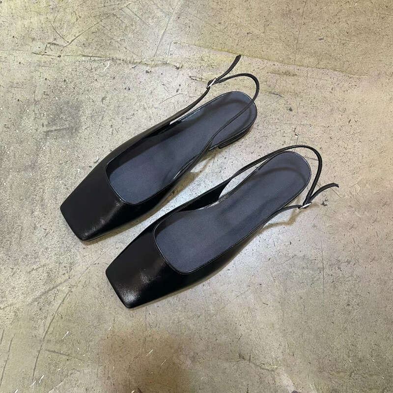 Cowhide Version ~ Korean Style Square Toe Flat for Women 2025 Summer New Elegant Low Heel Back Strap Sandals