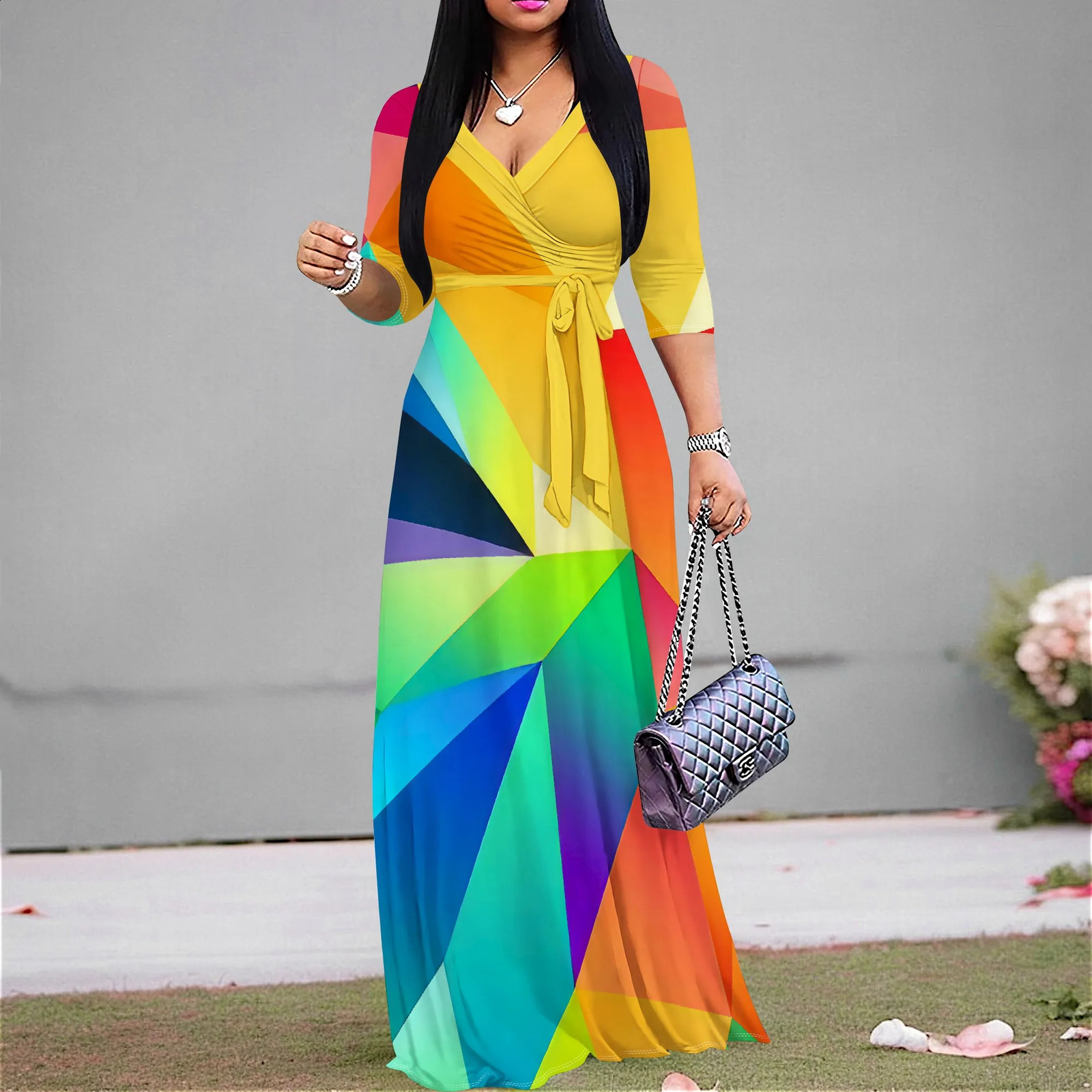Womens Floral Print Maxi Party Dresses Summer with Pockets Casual 3 4 Sleeve V-Neck Wrap Tie Waist Long Dress 250526