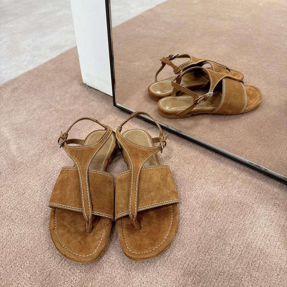2024 New Summer Suede Toe Post Flat Roman Sandals for Women Genuine Leather Versatile Back Strap Slippers
