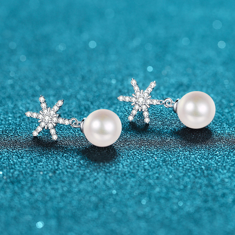 S925 Sterling Silver Earrings with 8mm Freshwater Pearls and Moissanite Snowflake Studs Wholesale Fashion Jewelry Hot Selling