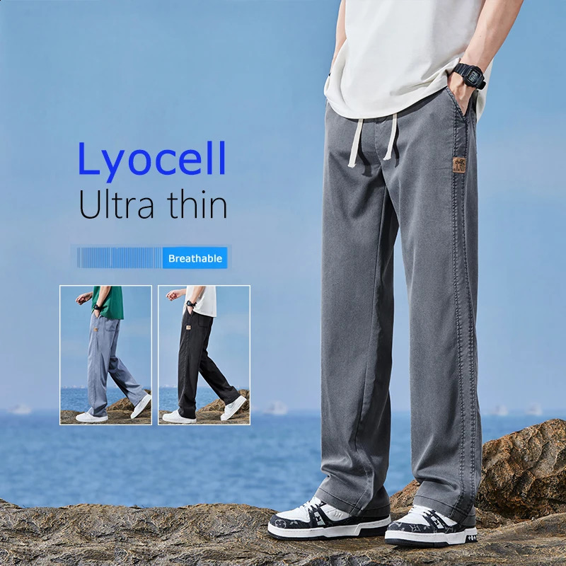 Mens Thin Straight Baggy Jeans Summer Clothes Lyocell Casual Elastic Waist Loose Male Wide Denim Trousers Blue Gray Black 250515