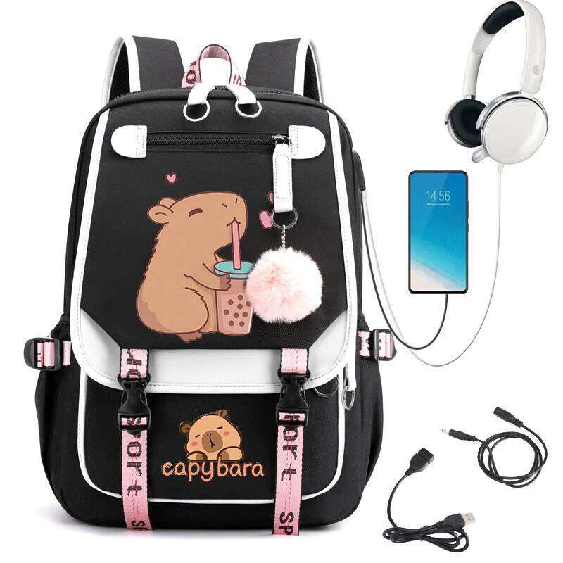 New Fashion High Capacity Waterproof College Backpack Trendy Girls Laptop School Bags Cute Capybara Anime Girl Travel Book Bag