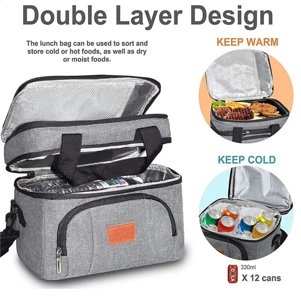 Multifunctional Double Layer Tote Cooler Lunch Bags for Women Men Large Capacity Travel Picnic Box with Shoulder Strap 250528