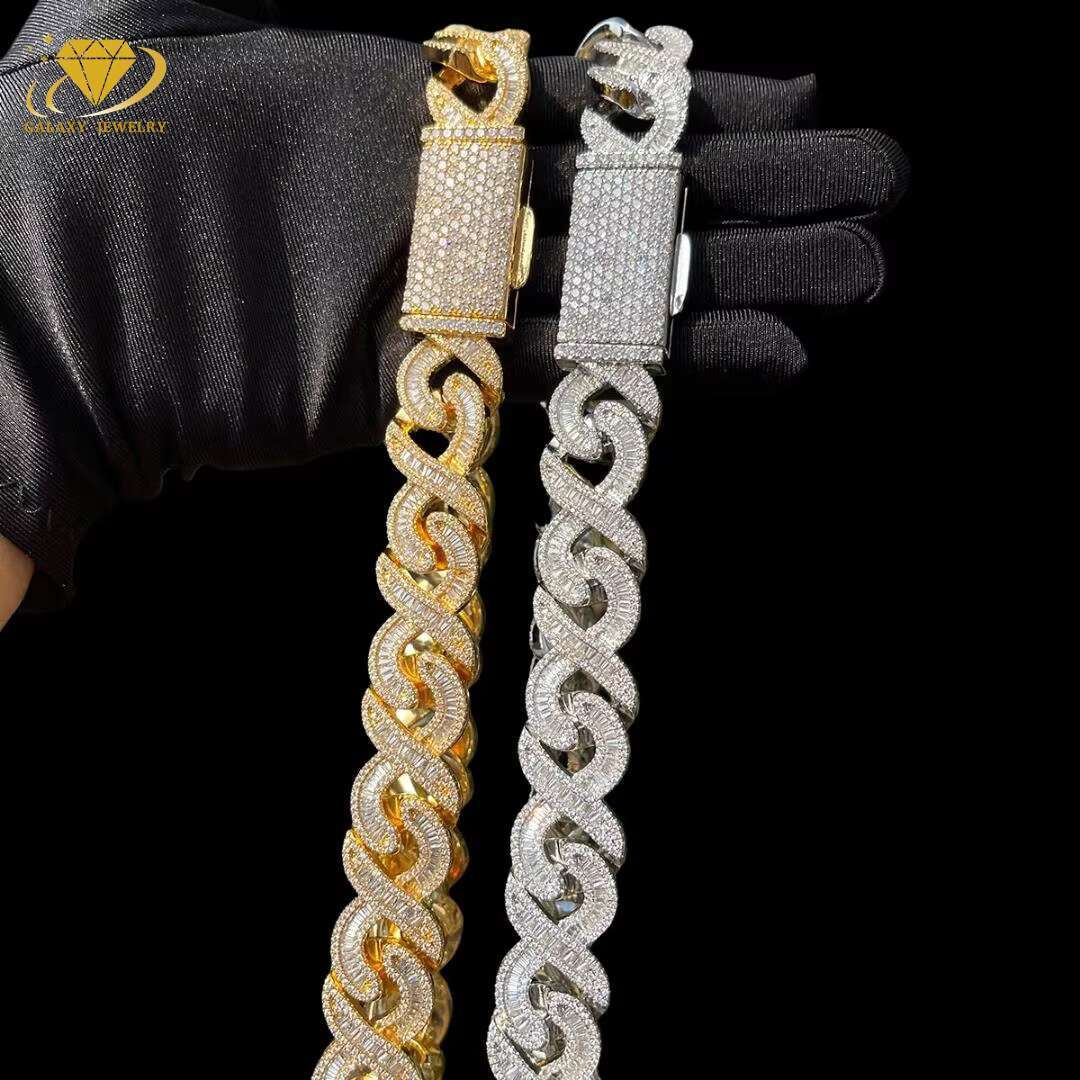 Hip Hop Rap Jewelry 18mm 8-Character T-Square Baguette Chain S925 Gold Plated Iced Out Moissanite Diamond Infinity Cuban Chains