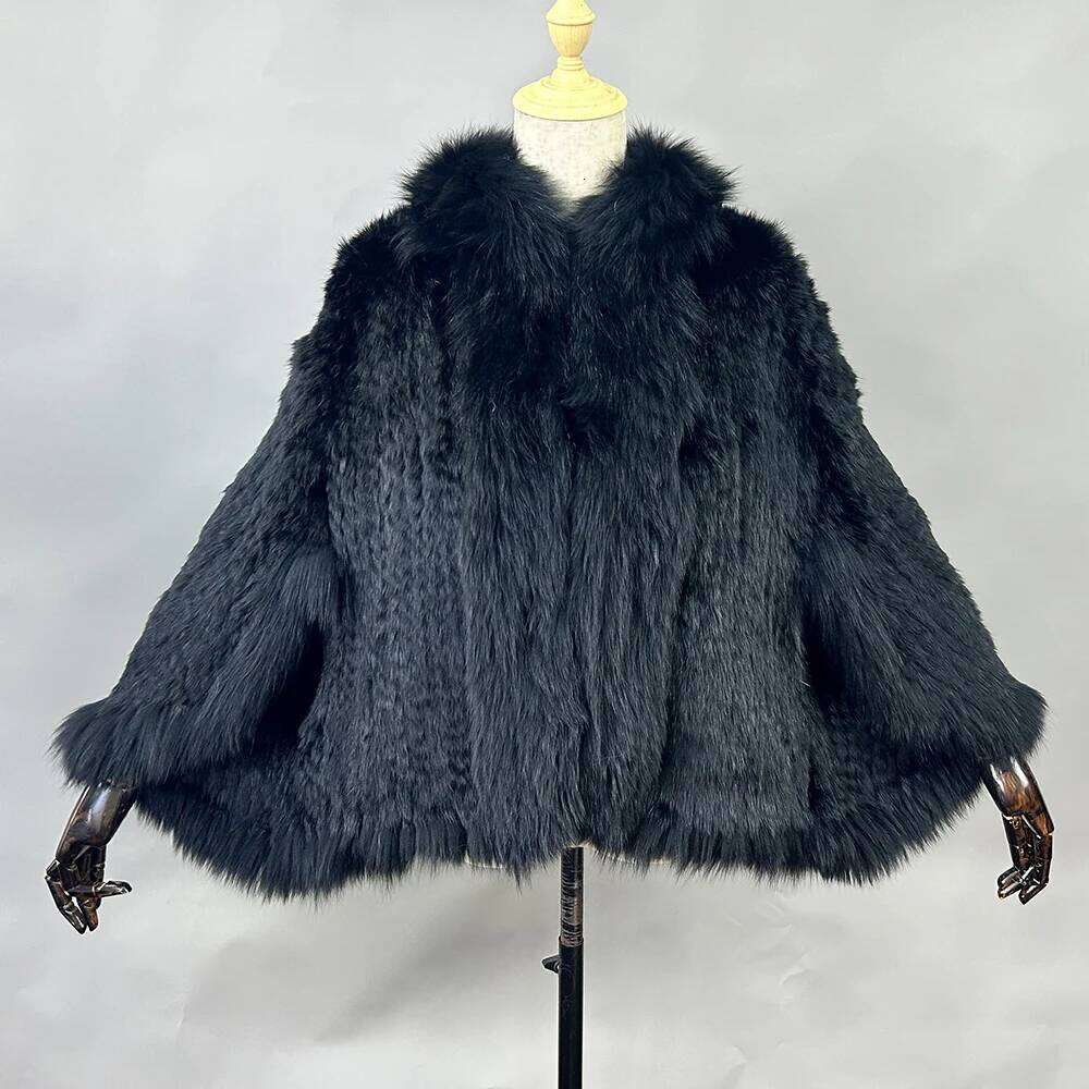 Autumn Winter Ladies' Genuine Knitted Rabbit Shawls Fox Collar Women Fur Pashmina Wraps Bridal Cape Coat Jacket