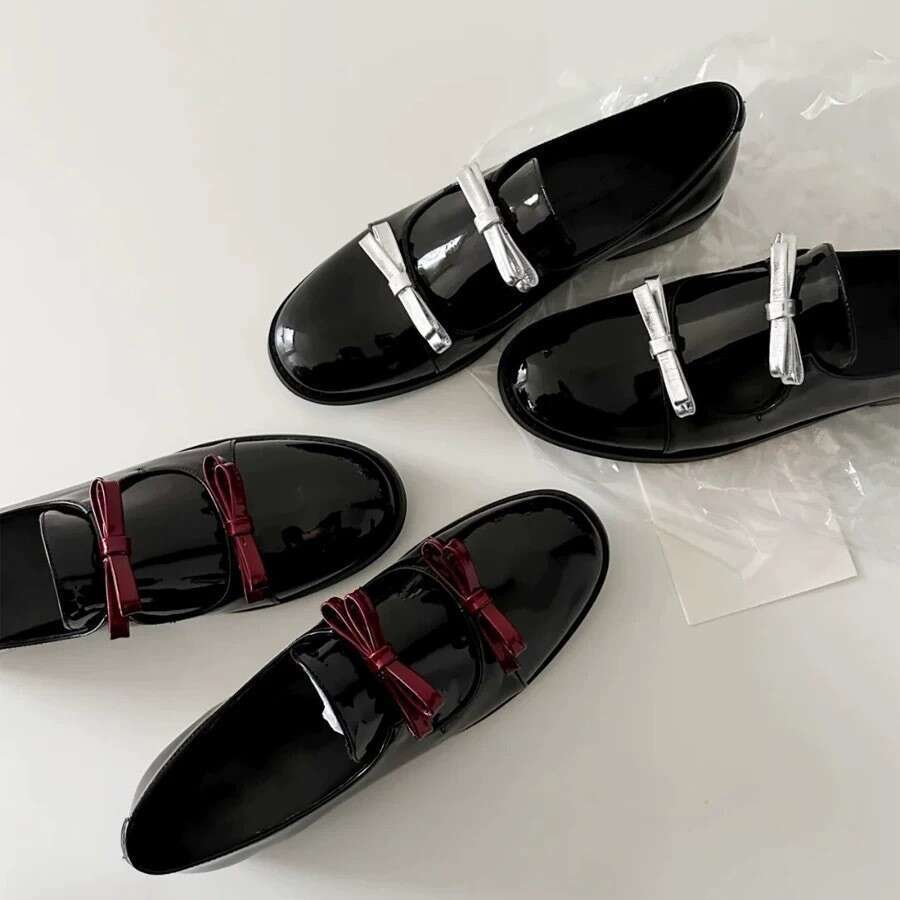 Genuine Leather Double Bowknot Women's Loafers 2025 Spring New Chunky Heel Round Toe Mary Jane Shoes