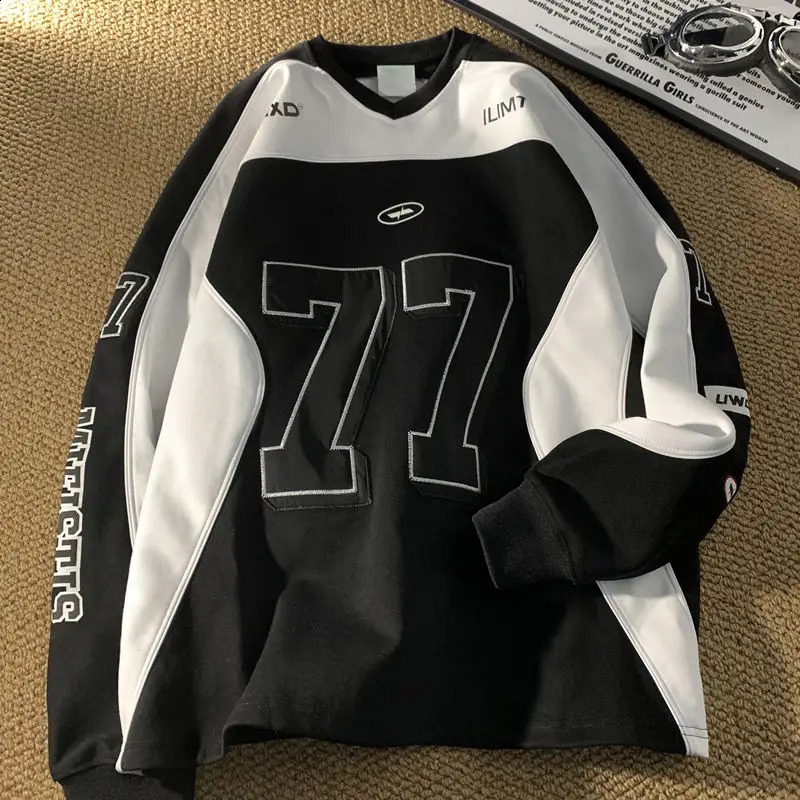 American Retro Motorcycle Long Sleeved Shirt Men Women Autumn Street Cool Patchwork Sports Ice Hockey Suit Sweatshirt 250527