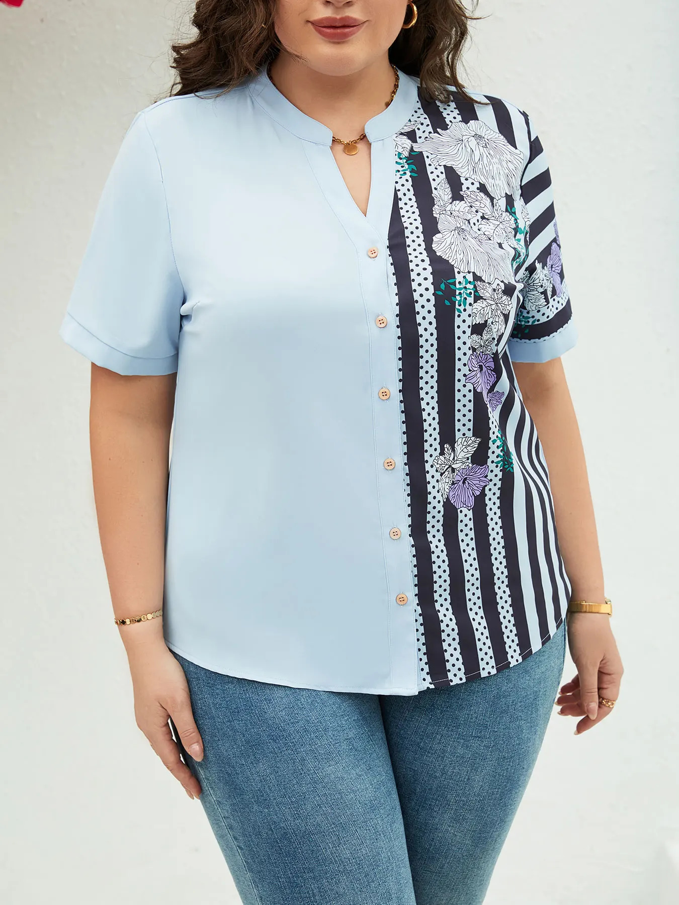 Plus Size Floral Print Blouse Casual Short Sleeve Buttons Blouse For Summer Womens Plus Size Blouse 250529Z