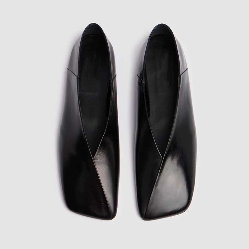 Genuine Leather French Niche V-Cut Square Toe Flat for Women 2025 New Spring Fashion Slip-On Granny Shoes