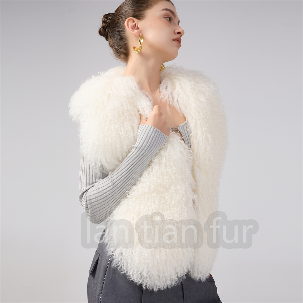 Fluffy Sexy Luxury Mongolian Fur Halter Vests Women Solid Deep V-Neck Backless Bandage Sleeveless Jacket Top Outerwear Coat