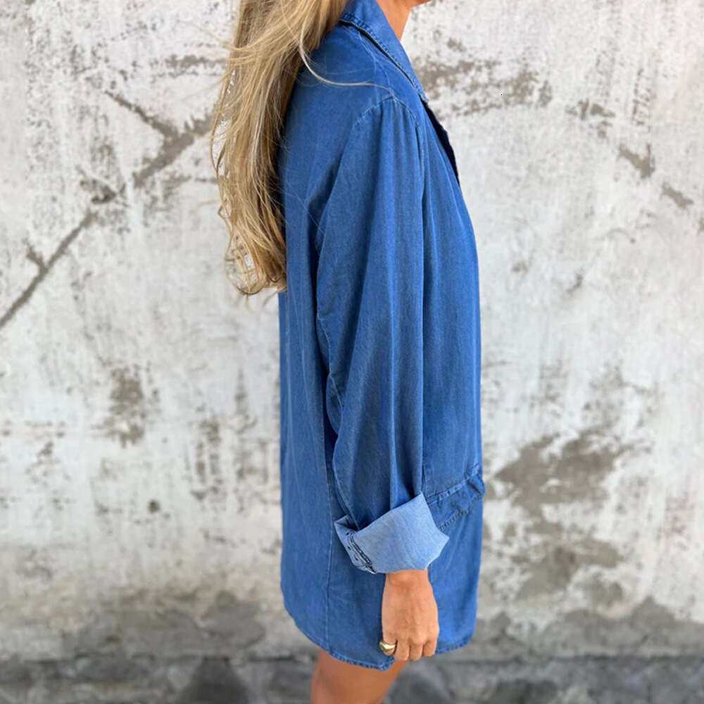 Summer Autumn Women's Casual Pocket Solid Color Loose Long Sleeve Denim Jacket B5