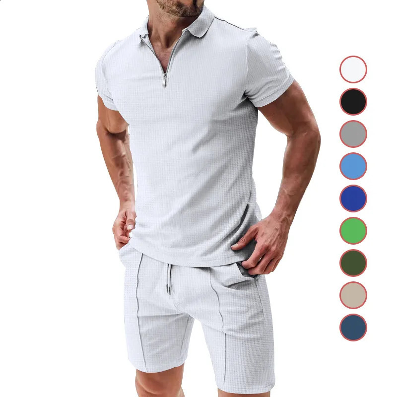 2024 Mens Suit Summer Casual Sportswear Waffle Solid Color Loose Lapels Tshirt and Shorts TwoPiece Set 250520Z
