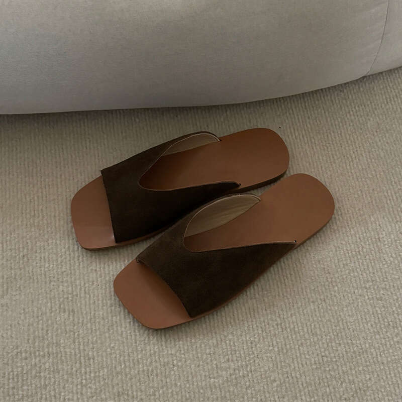 Korean Style Niche Simple Genuine Leather Suede Open-Toe Square Toe Slippers for Women Outdoor Summer New Flat Sandals