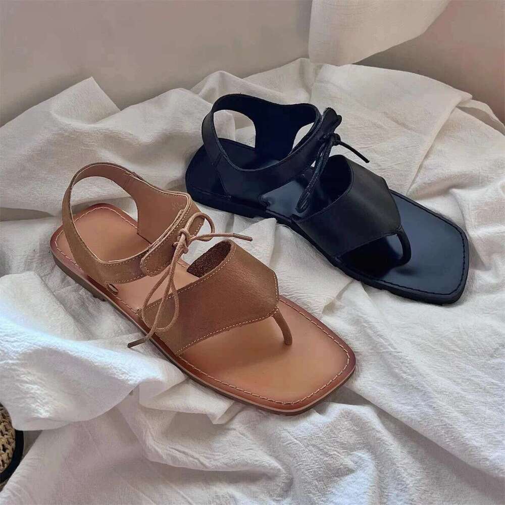 Cowhide Version ~ Korean Style Square Post Flat Roman Sandals for Women 2025 Summer New Open Toe Slippers