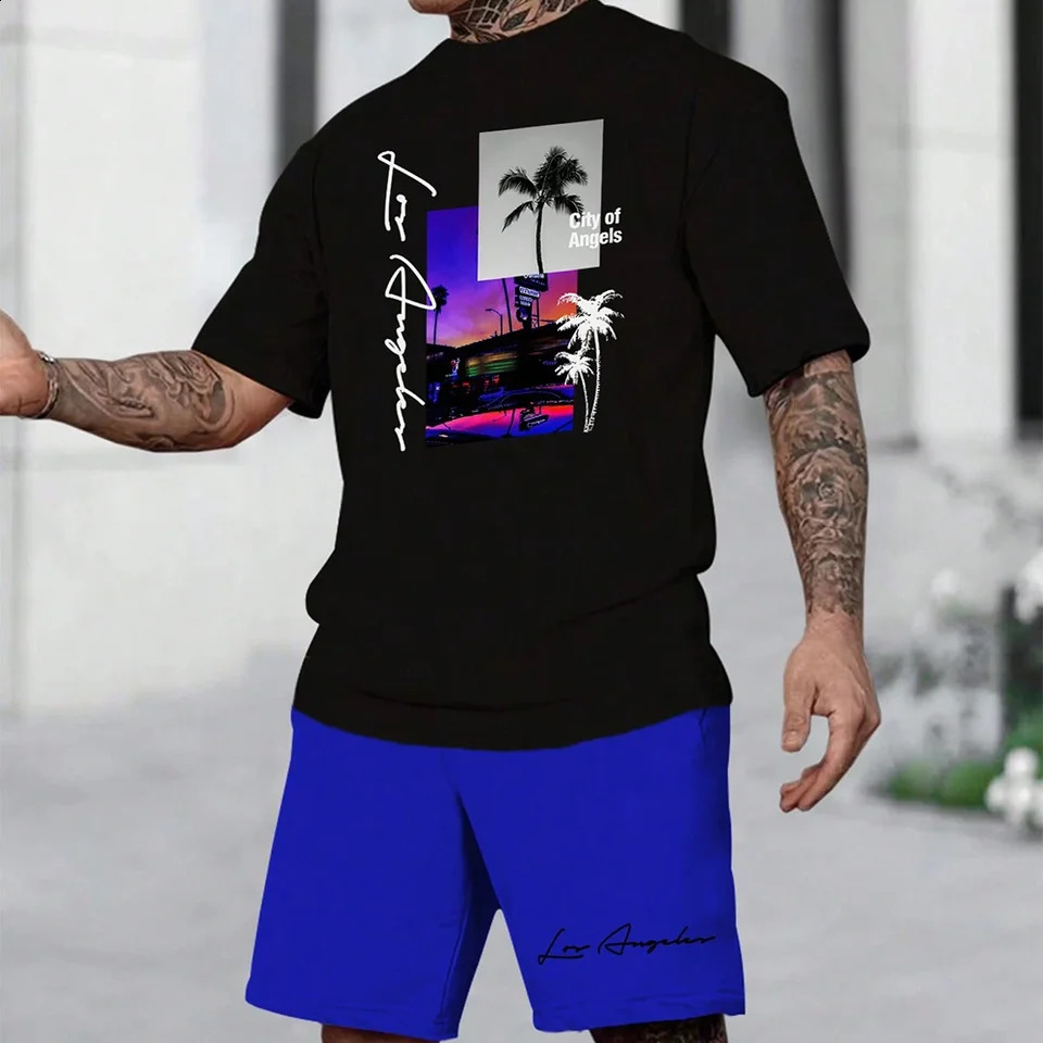 3D printed mens short sleeved fashionable Tshirt dopamine beach casual shorts set soft and comfortable 250520Z