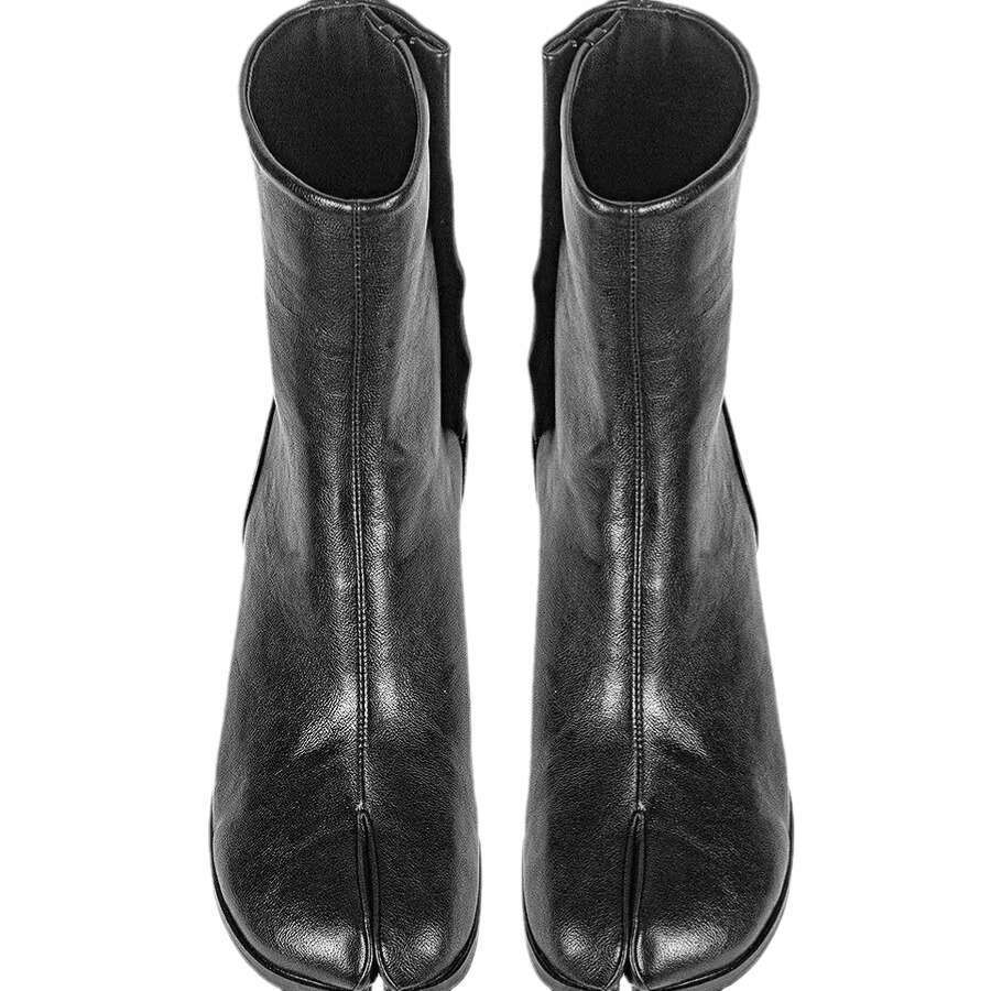 Korean Style Niche Two-Way Folded Pig Trotter Split Toe Mid-Calf Slim Women Autumn Winter Chunky High Heel Martin Short Boots