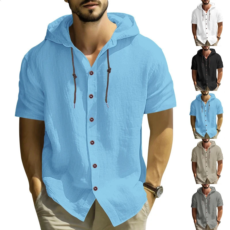 Summer cotton linen mens short sleeved shirt in US size solid color hooded casual T-shirt plus size mens clothing 250526