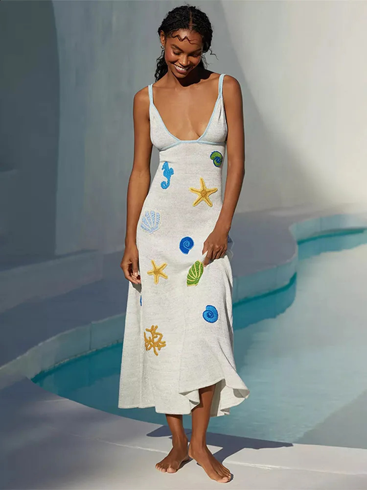 Knitted Starfish Shell Pattern Sleeveless V-Neck Long Dress for Women - Backless Slim Fit Summer Vacation Street Wear C260312