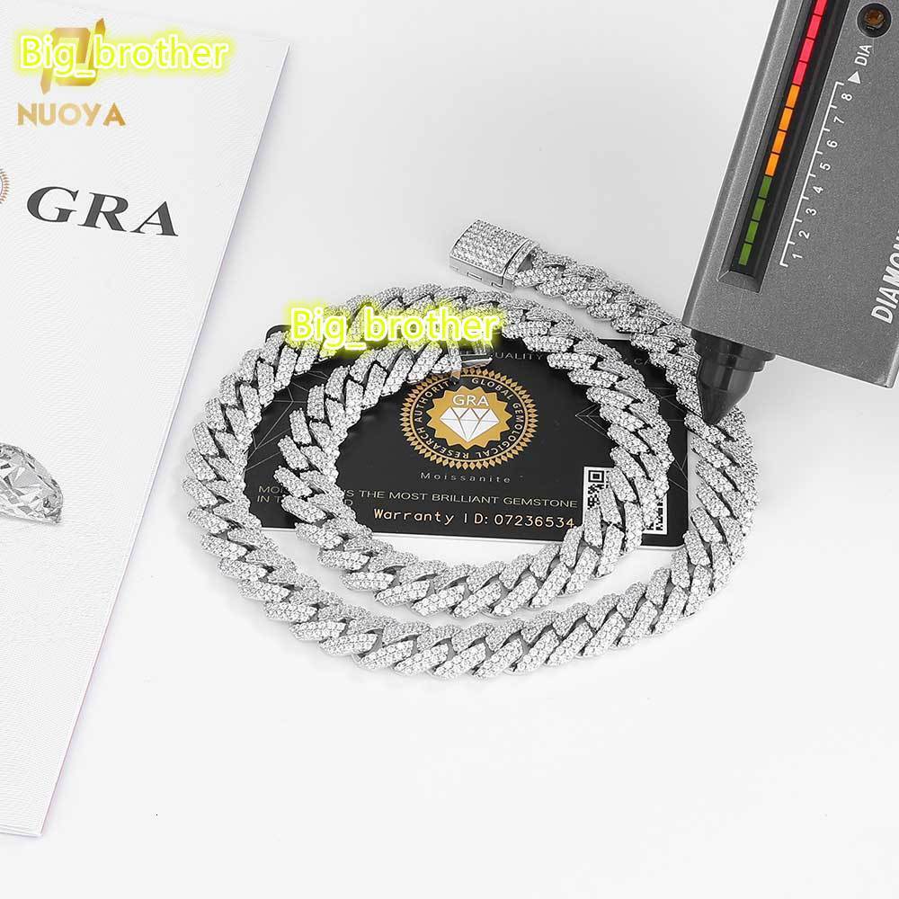 NUOYA Hiphop Hight Quality VVS Moissanite Prong Cuban Link Chain Necklace 12mm 925 Silver Cuban Chain Men Jewelry