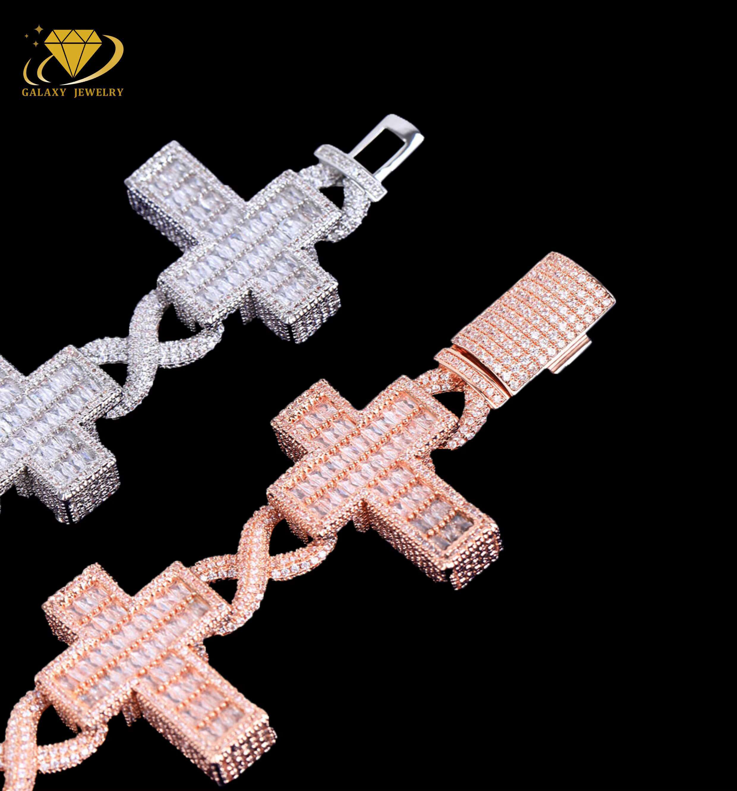 Pass Diamond Tester Moissanite Jewelry 15mm Hip Hop Mens Bracelet Iced Out Baguette Cross Infinity Cuban Link Chain Necklace
