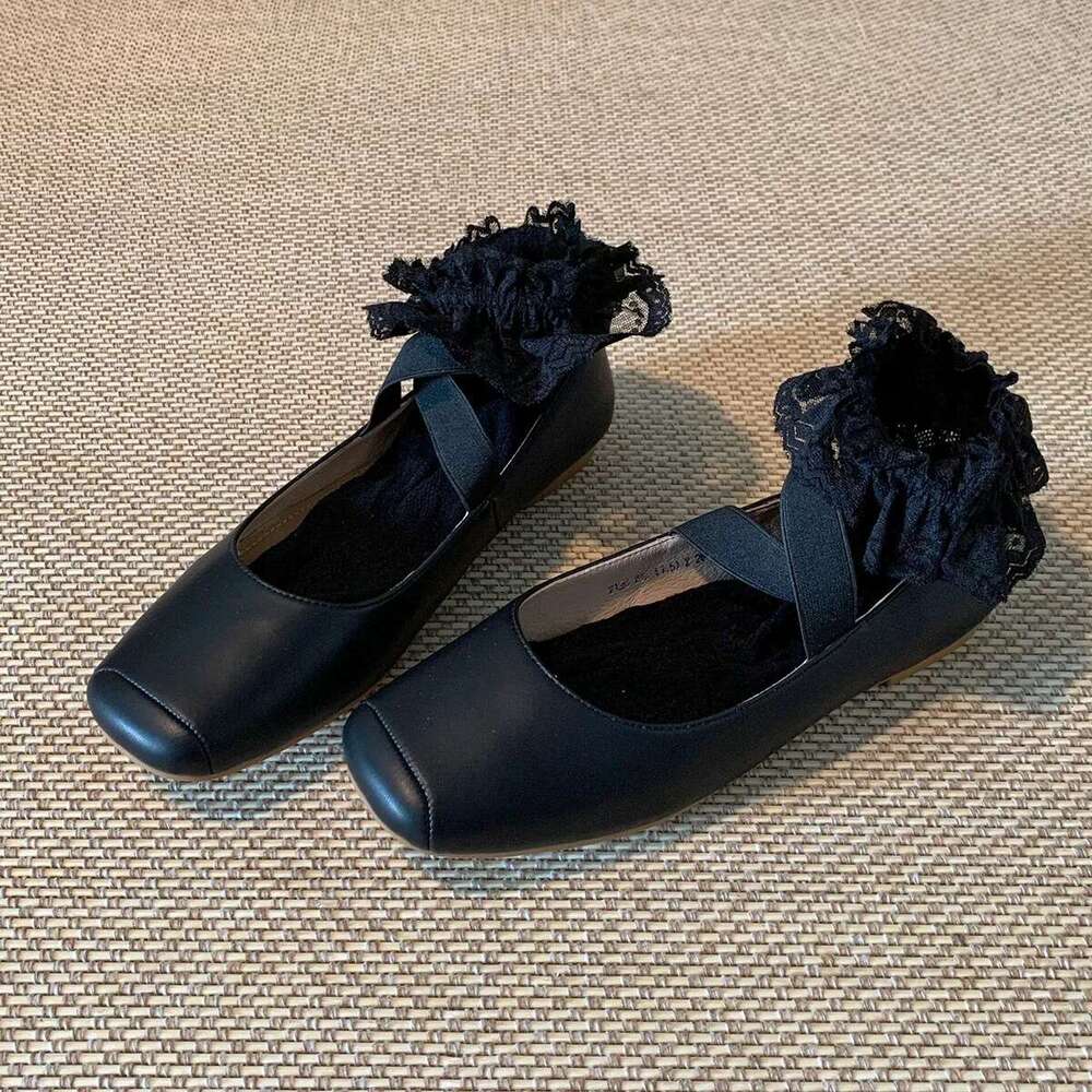 Genuine Leather Korean Style Square Toe Cross Strap Flat Ballet Women Spring Autumn New Versatile Mary Jane Shoes