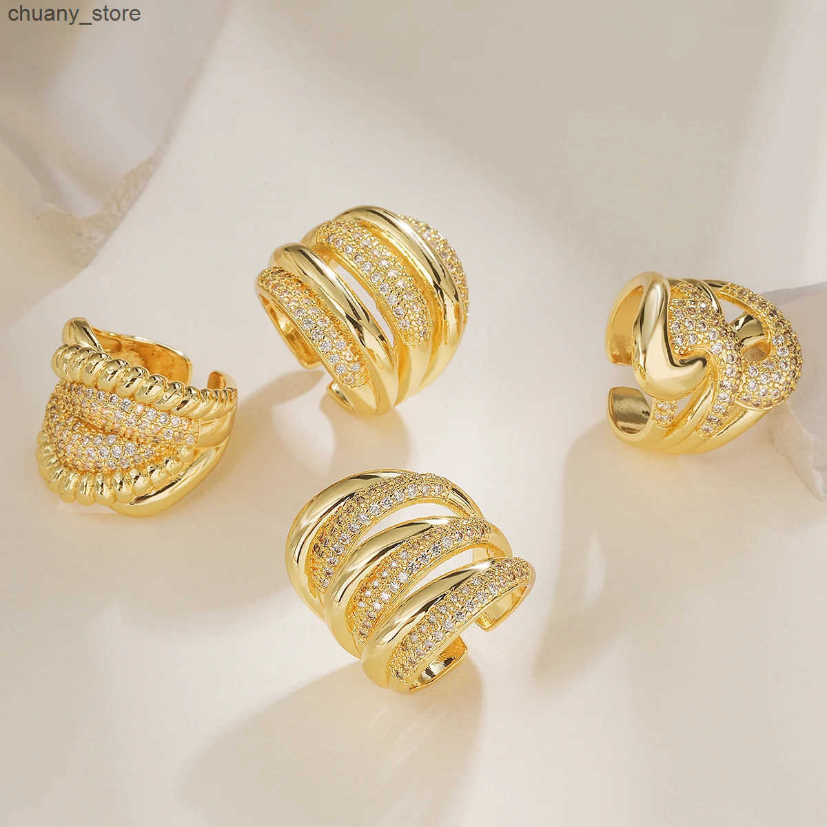 Glamorous Gold Color Adjustable Band Ring For Women Girls Delicate Cubic Zirconia Jewelry z250529YZXW