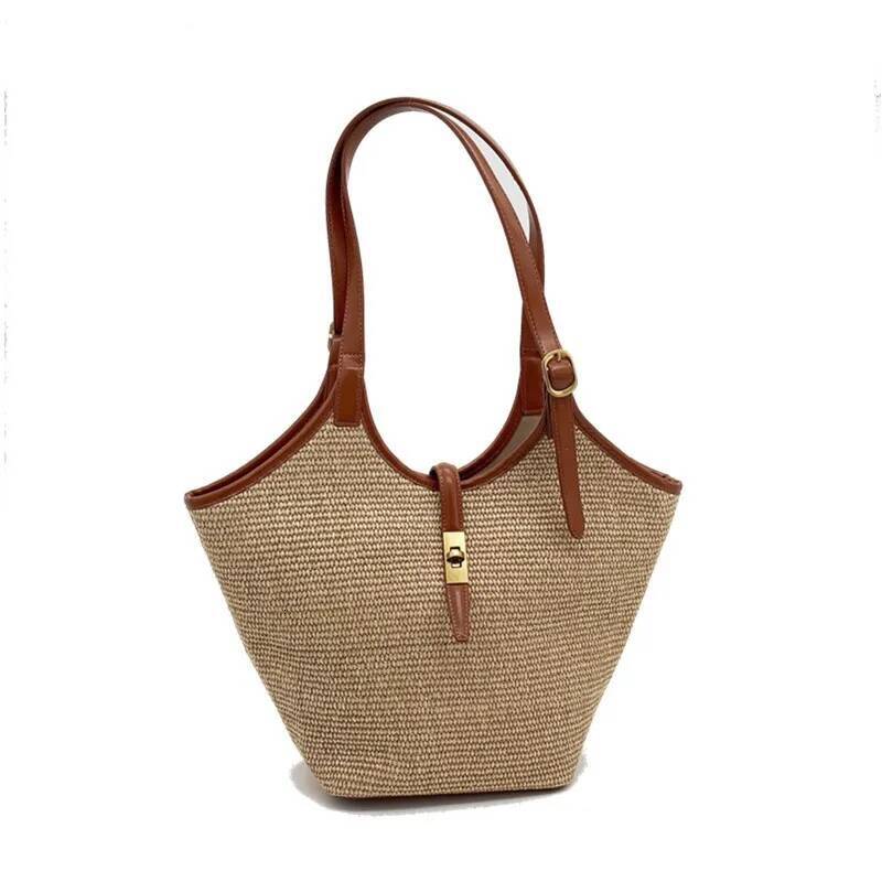 New Straw Bucket Women Shoulder Underarm Bohemian Large Capacity Beach Handbag Tote Bag With Adjustable Strap
